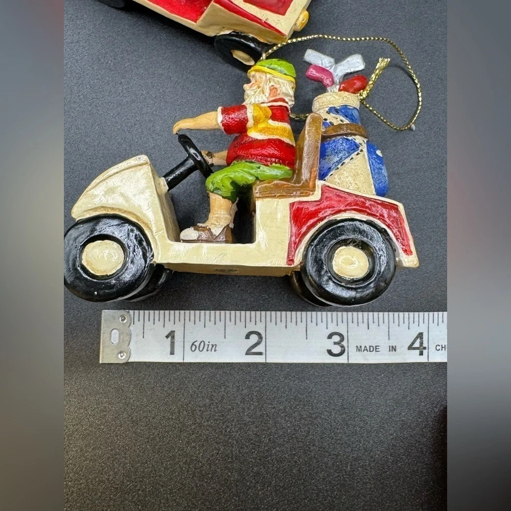 Set of 2 Vintage Santas Driving A Golf Cart Bag and Clubs Christmas Ornaments